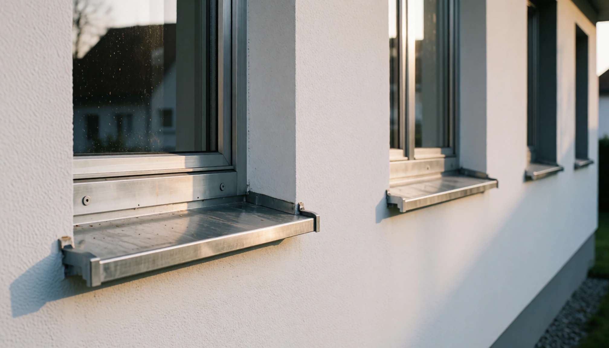 Façade équipée de plusieurs appuis de fenêtre en aluminium