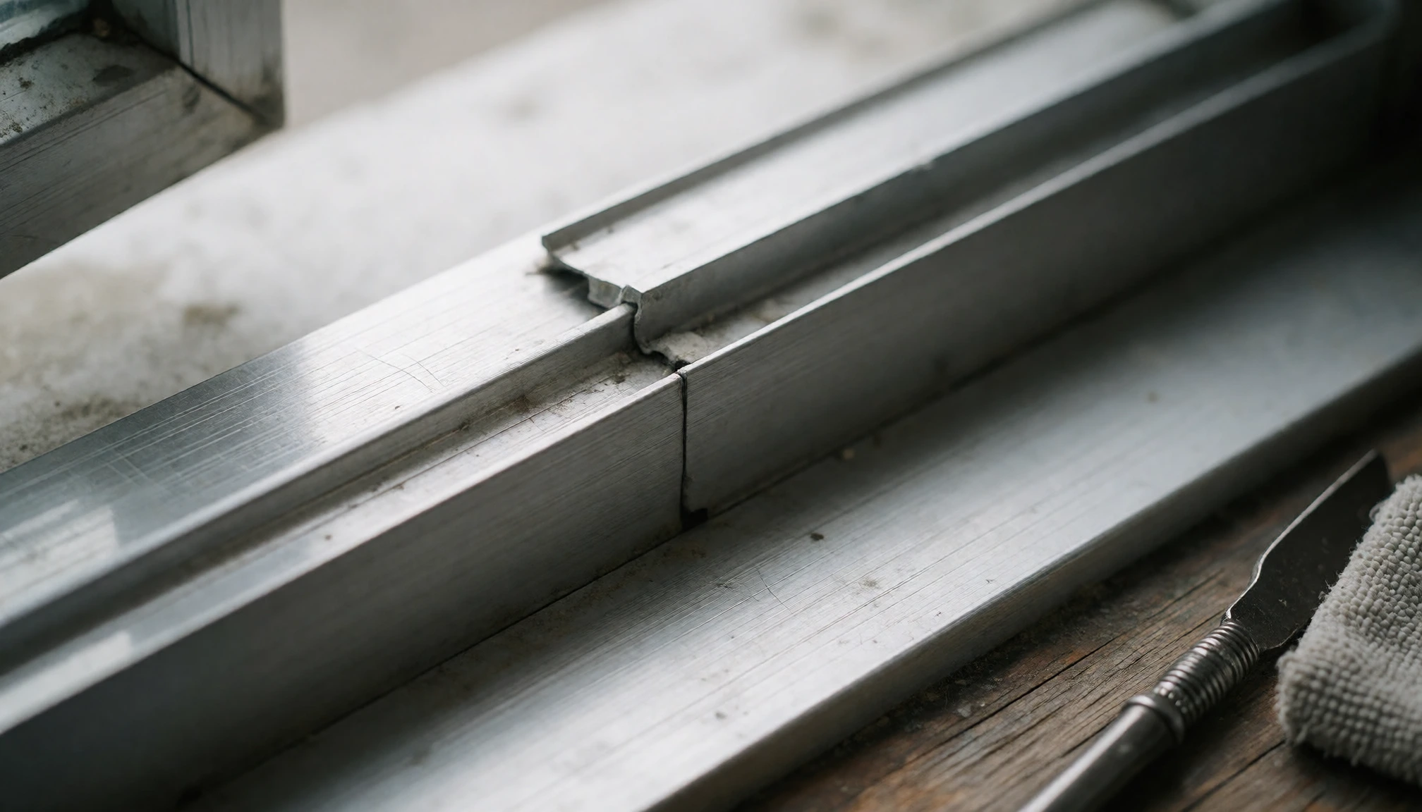 Détail de jonction d'un appui de fenêtre en aluminium